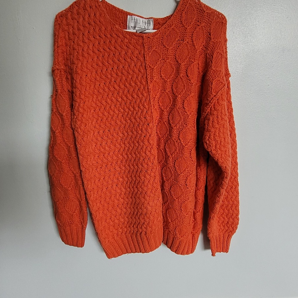 Vintage 90s HAND KNIT FOR LIMITED Orange Cable Knit Chunky Sweater Womens Size M